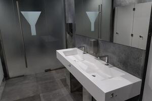 Spacious restroom showcases sleek frosted glass and a stylish dual sink with minimalist faucets, emphasizing hygiene and modern design photo