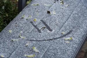 A bench in a winter landscape is blanketed with snow and frost, where a smiley face is playfully etched into the white layer photo