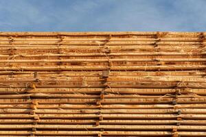 Bamboo is stacked and arranged neatly against a bright blue sky, highlighting traditional construction methods in a serene environment photo