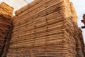 Large piles of lumber are neatly stacked in a yard, showcasing various lengths and widths of wooden planks under a bright sky photo