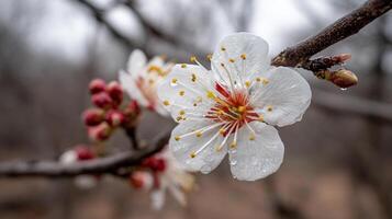 Soft background photo of flower blooming on tree branch