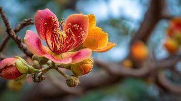 Vivid macro of flower resting on blooming spring branch photo