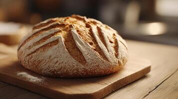 Artisan bread close up photo with glowing crust and shadows