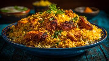Chicken biryani photo served hot with fresh chopped green coriander