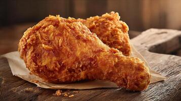 Realistic food photography of crispy fried chicken on table photo