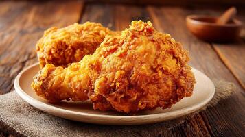 Chicken leg plated on rustic wooden table closeup photo