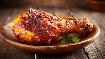 Chicken leg photo in rustic wooden tabletop setting