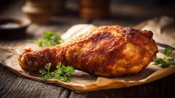 Photorealistic food shot of chicken leg on rustic table photo