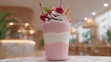 High resolution image of ice cream with fruit chocolate nuts and syrup toppings photo