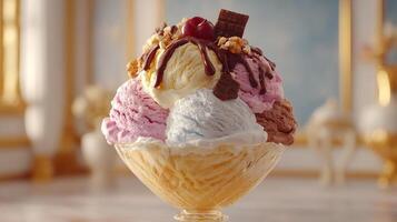 Realistic close up of ice cream with colorful nuts fresh berries and syrup toppings photo