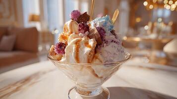 Realistic close up of ice cream with multi flavor nuts fresh fruit chocolate syrup colorful toppings photo