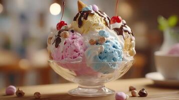 High resolution close up of ice cream with creamy texture nuts fresh fruit syrup chocolate and colorful toppings photo