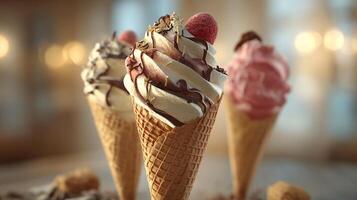 Indoor photo of multi flavor ice cream with nuts syrup fresh berries and colorful toppings