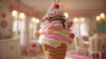 Natural lighting close up of ice cream with chocolate syrup nuts fresh fruit and colorful toppings photo