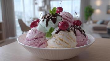 Photorealistic ice cream scoop with multi flavor fresh nuts syrup and berries toppings photo