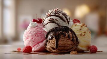 Natural light photo of multi flavor ice cream with nuts fresh fruit syrup chocolate and colorful toppings