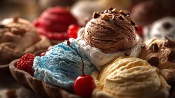 Close up of ice cream with chocolate syrup nuts fresh fruit and colorful toppings photo