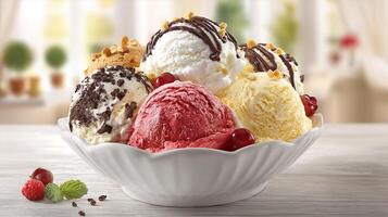 Close up photo of ice cream with creamy texture natural lighting nuts fresh fruit and syrup