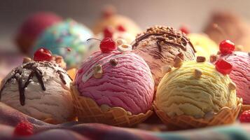 High resolution image of ice cream with nuts fresh fruit colorful toppings syrup and chocolate photo