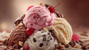 Photorealistic ice cream scoop with multi flavor fresh berries nuts syrup chocolate and colorful toppings photo