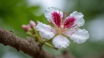 Sharp flower photo resting on textured tree branch