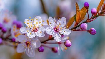 Macro flower photo on tree branch with green background