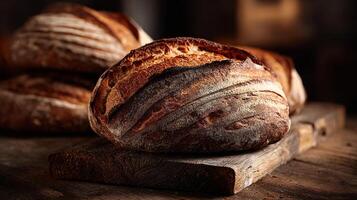 Glowing crust bread loaf in afternoon light photography photo