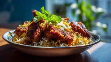 Biryani photo with grilled chicken and sharp food styling setup