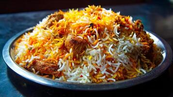 Chicken biryani photo in bowl with soft light and focus