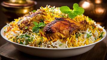 Biryani rice photo with saffron and chicken in full sharp focus