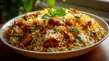 Rice and chicken biryani photo in rustic setting