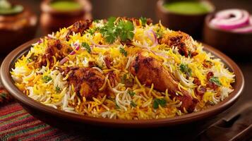Photorealistic chicken biryani photography with perfect sharpness photo