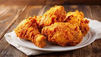 Rustic plate of crispy fried chicken leg with texture photo