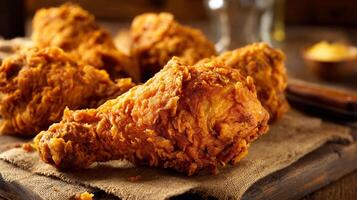 Crispy chicken leg on rustic table in natural light photo