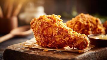 Fried chicken leg with sharp focus and wood backdrop photo