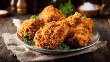 Realistic photo of fried chicken leg served in rustic atmosphere