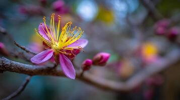Flower resting on branch in vibrant tree photography setting photo