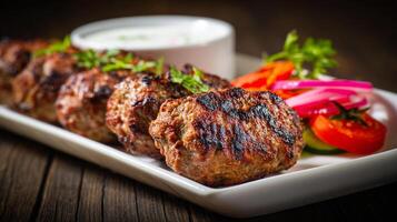 Juicy kabab with grilled marks and fresh vegetable garnish photo