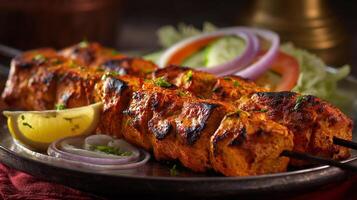 Delicious kabab with crispy edges served with salad photo