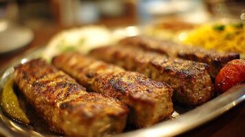 Tasty kabab with charred edges served on rustic plate photo