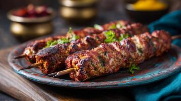 Appetizing kabab with colorful bell peppers and fresh herbs photo