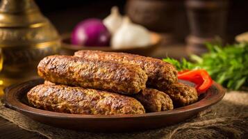 Delicious kabab with colorful peppers and herbs on plate photo