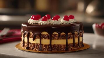 Crisp studio photo of a cake with rich frosting