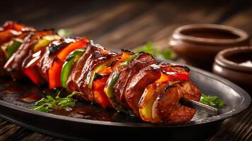 Close up image of kabab showing juicy meat and grill marks photo