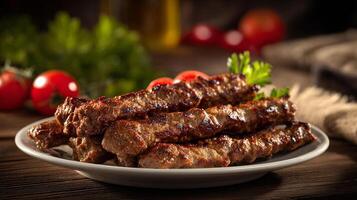 Juicy kabab on rustic plate with bright fresh garnish photo