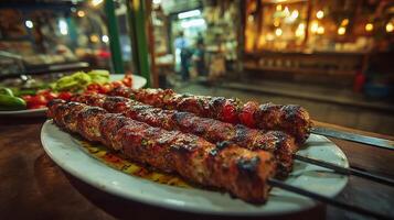 Close shot of kabab showing juicy meat and charred grill marks photo
