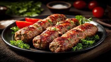 Delicious kabab with crispy outside and tender inside on plate photo