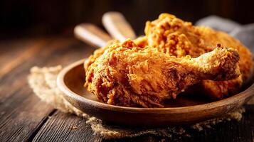 Crispy fried chicken drumstick on rustic plate food photo