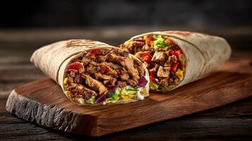 Pita wrapped shawarma with chicken and beef photo