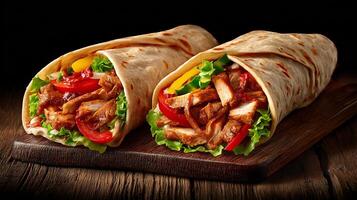 Appetizing shawarma roll with vegetables and meat photo